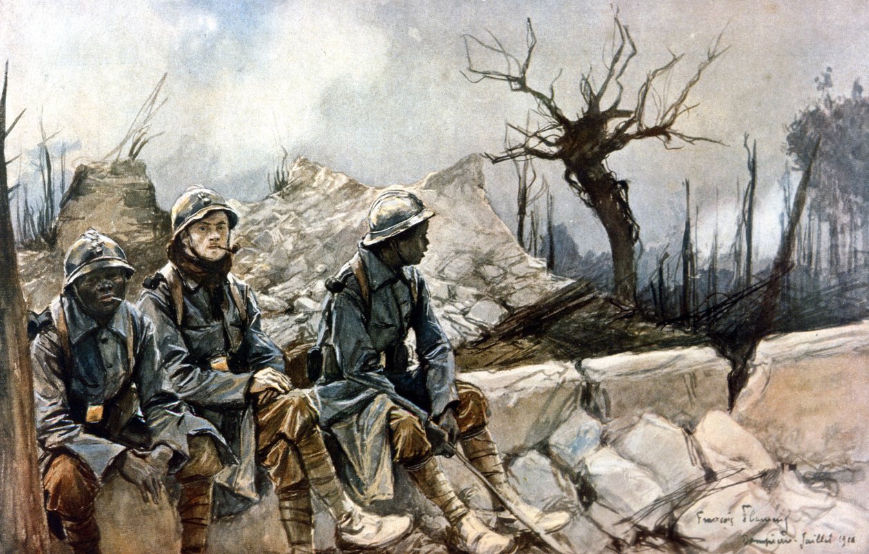 3 franska soldater som sitter framför ruinerna av Dampierre-kyrkan. Kriget 1914 - 1918. Målning av Francois Flameng (1856-1923). Paris, Musee de l
