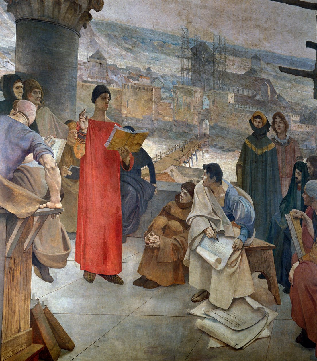 Abelard och hans skola på berget Sainte Genevieve i Paris. Mästaren Pierre Abailard (eller Pierre Abeilard av Francois Flameng
