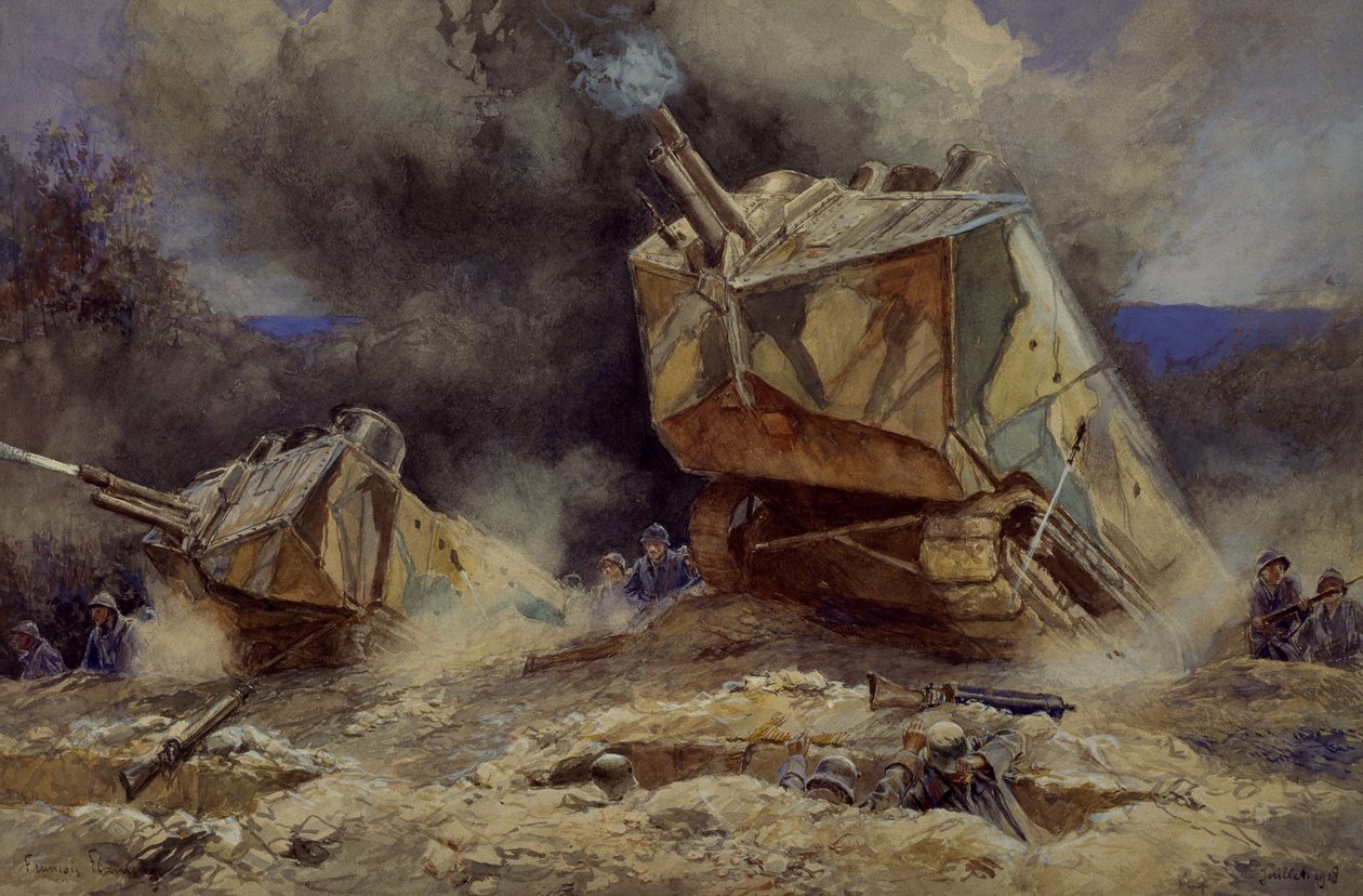Attack mot infanteri och stridsvagnar i Saint Chamond, juli 1918 (akvarell) av Francois Flameng