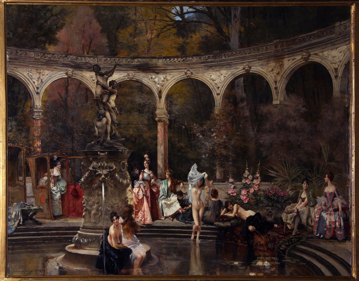 Kurtisanernas bad på 1700-talet - Målning av Francois Flameng (1856-1923), olja på duk av Francois Flameng