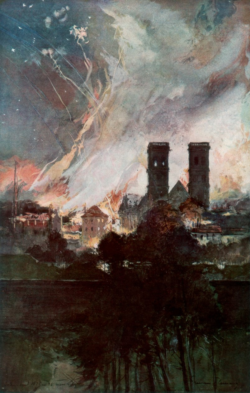 Bombardement av Verdun med brandsnäckor, Frankrike, 25-26 mars 1916, 1926. av Francois Flameng