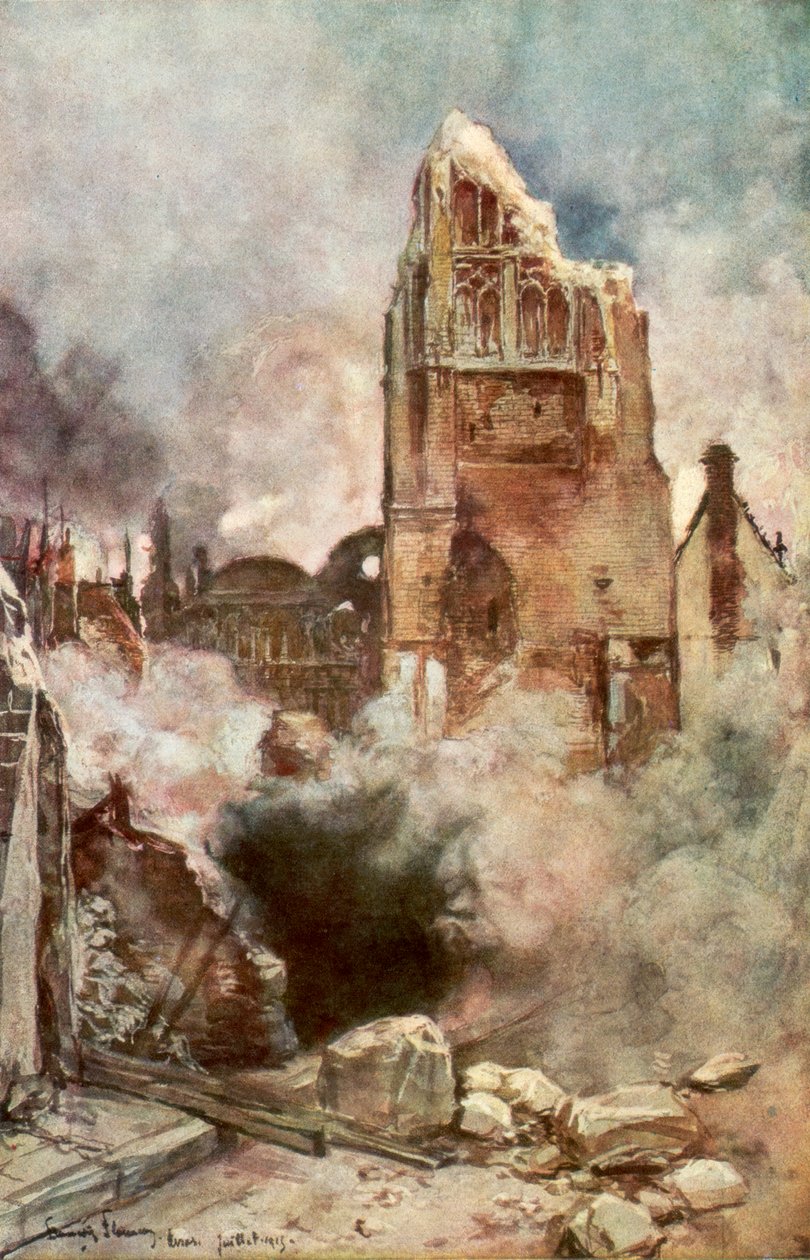 Bombande av klockstapeln, Arras, Frankrike, juli 1915, 1926. av Francois Flameng