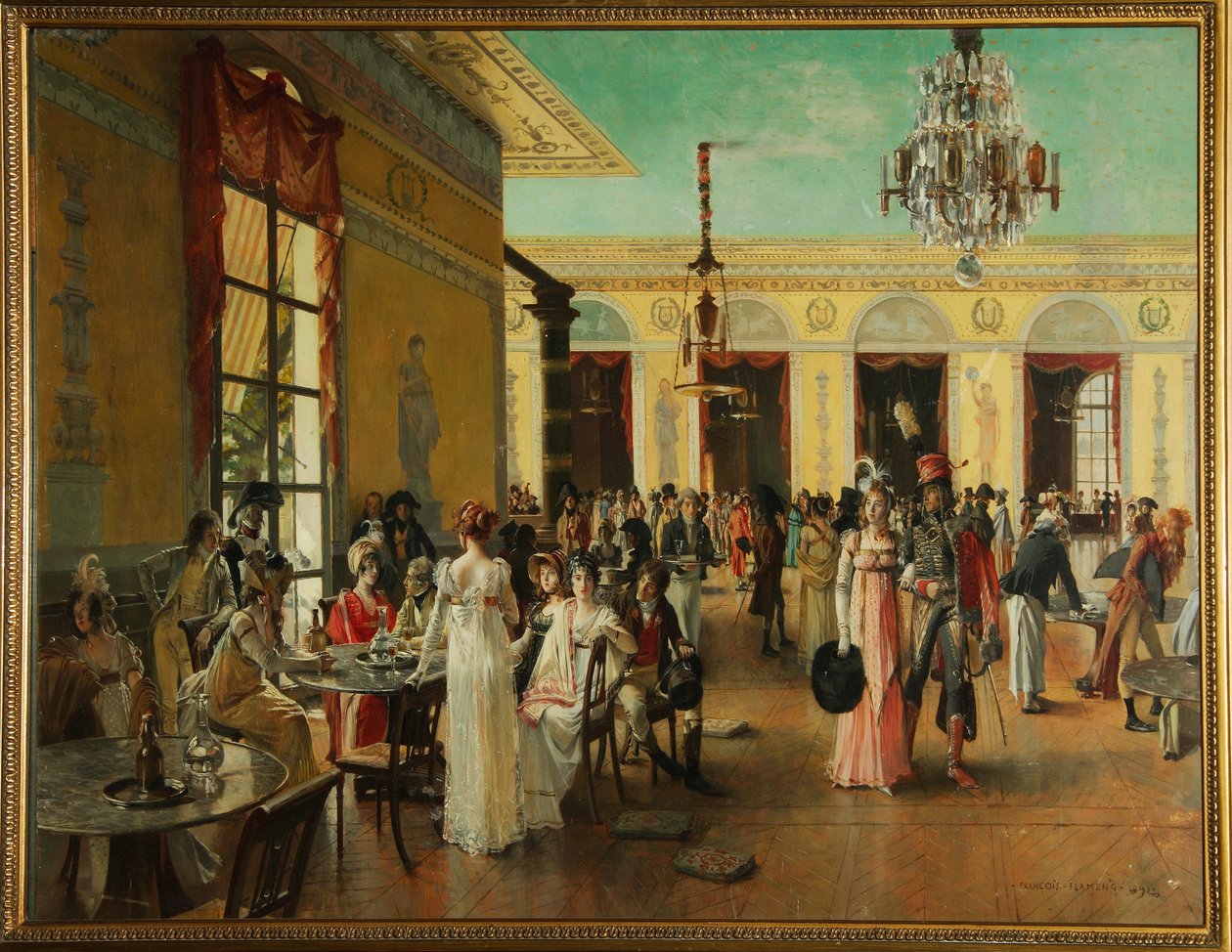 Cafe Frascati (Paris, Frankrike), en scen i Napoleons tid (sent 18-1815) - Målning av Francois Flameng (1856-1923), olja på trä av Francois Flameng