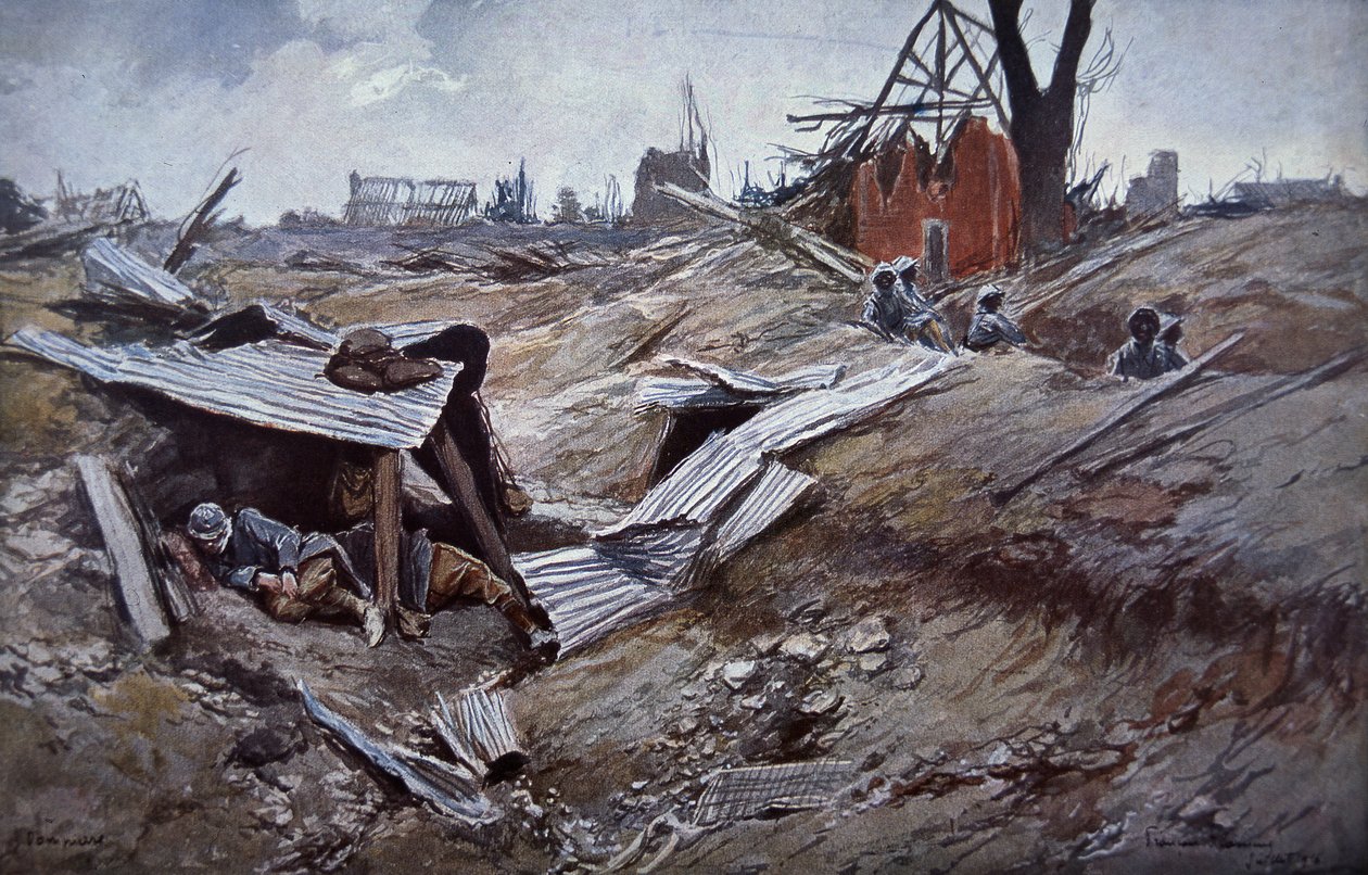 Första slaget vid Somme, juni - september 1916: Franska trupper i den ruinerade byn Dompierre av Francois Flameng