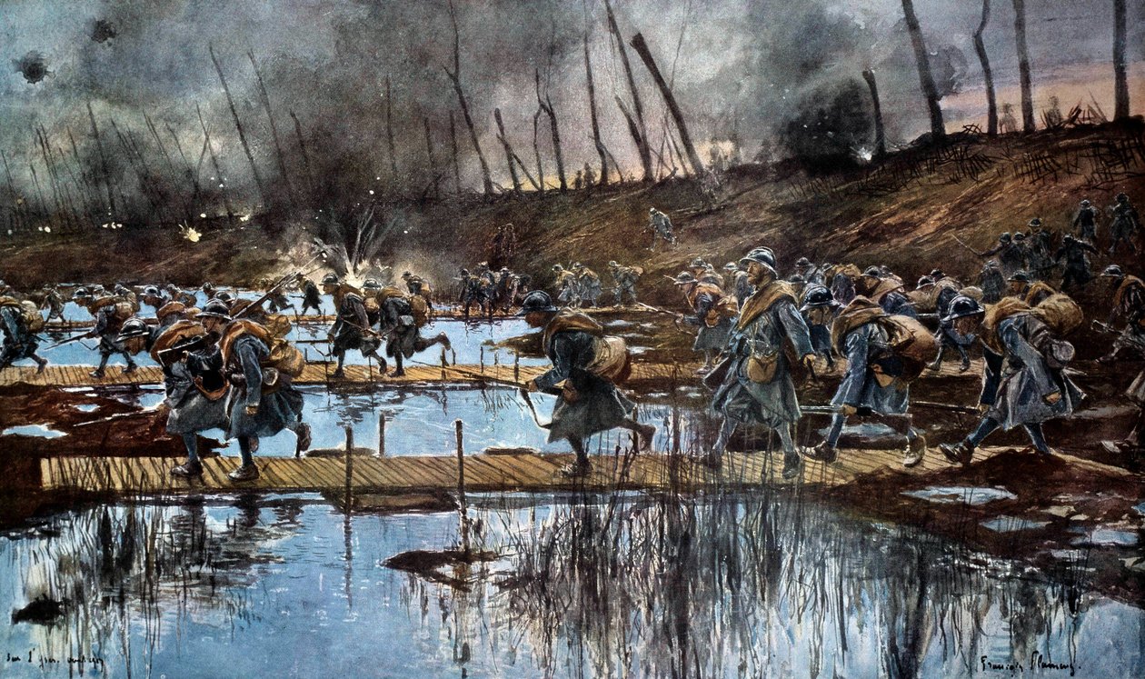 Första världskriget (1914-1918): ”” Ysarens passage under Flandernoffensiven 1917”” Akvarellmålning av Francois Flameng (1856-1923) 1917, 30 x 50 cm. Paris, Musee de l