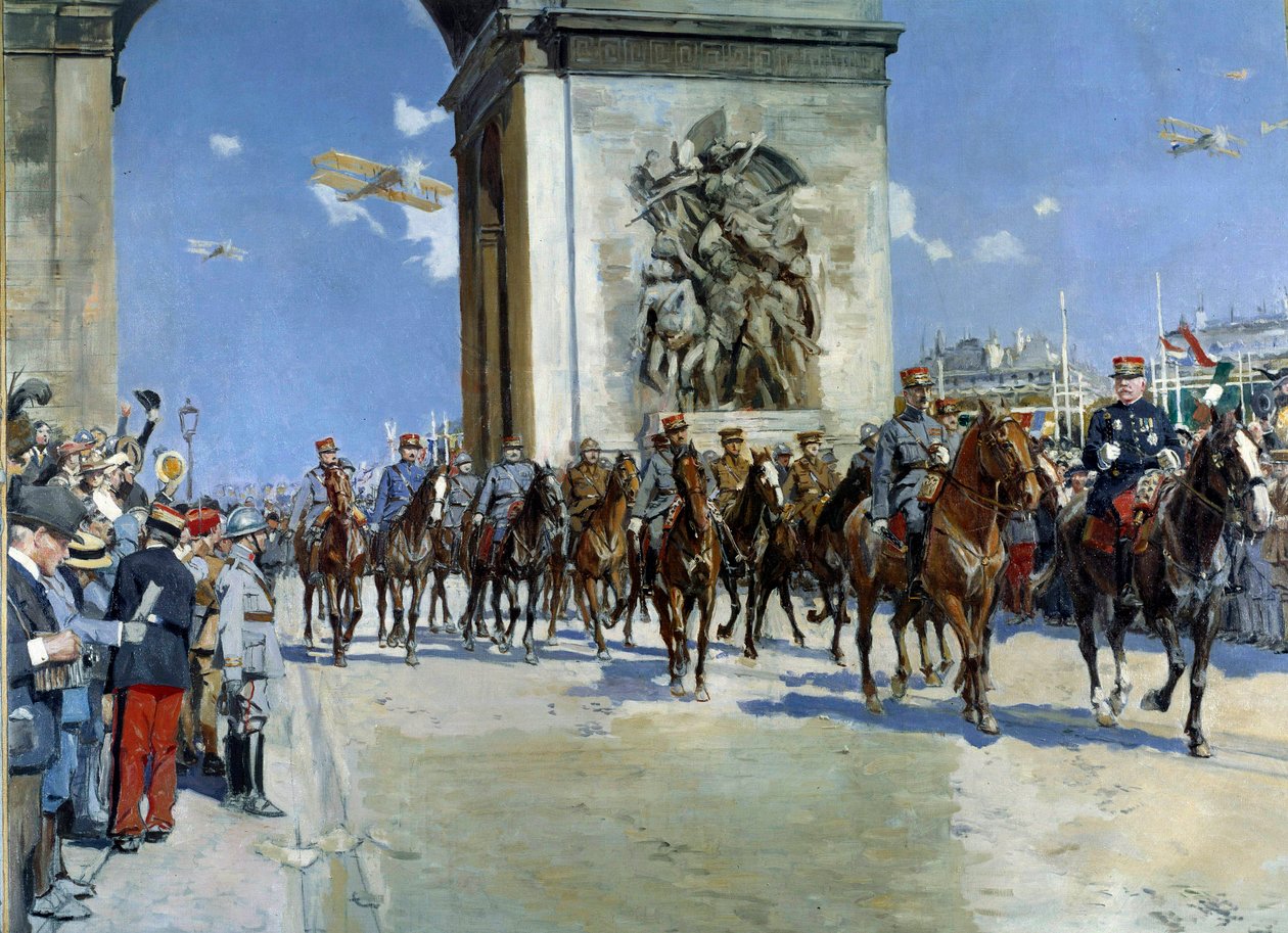 Första världskriget: "" Defile of seger den 14/07/1919 över Champs Elysees i Paris"" bland militären, marechal Ferdinand Foch (1851-1929) och marechal Joseph Joffre (1852-1931). Målning av Francois Flameng (1856-1919) 1919 Paris, Musee de l