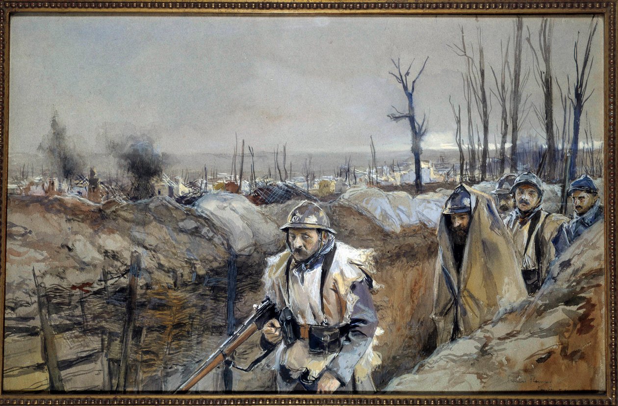 Första världskriget: "" Utsikt över Souchez (i Artois), en skyttegrav den 18/12/1915"" Akvarellmålning av Francois Flameng (1856-1923) December 1915 Sön. 0,3x0,48 m Paris, musee de l