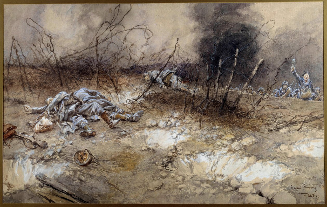 Första världskriget: scen för slaget vid La Craonne den 5/04/1917. Kroppen av infanterister som ligger bland skäggen. Akvarellmålning av Francois Flameng (1856-1923) Sön. 0,3x0,56 m Paris, Musee de l
