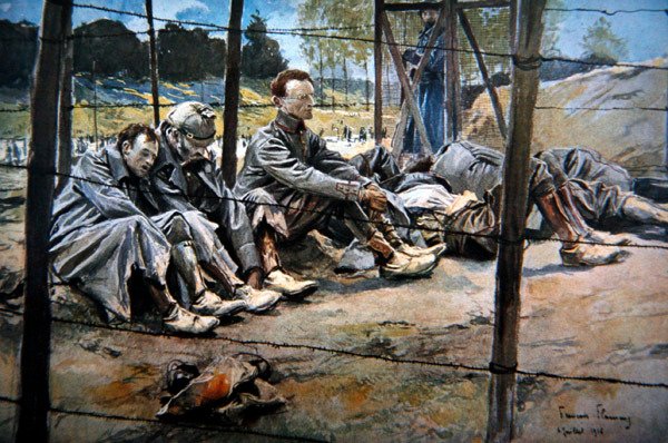 Tyska officerare tillfångatagna av fransmännen under en allierad offensiv, Första slaget vid Somme, juli 1916 (färg litho) av Francois Flameng