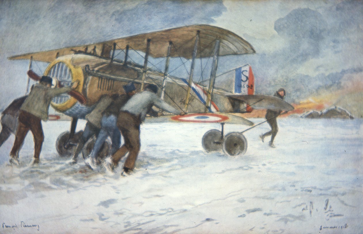 Markbesättning och pilot hanterar en fransk Spad-jaktplan genom snön till en hangar, januari 1918 (färg litho0 av Francois Flameng
