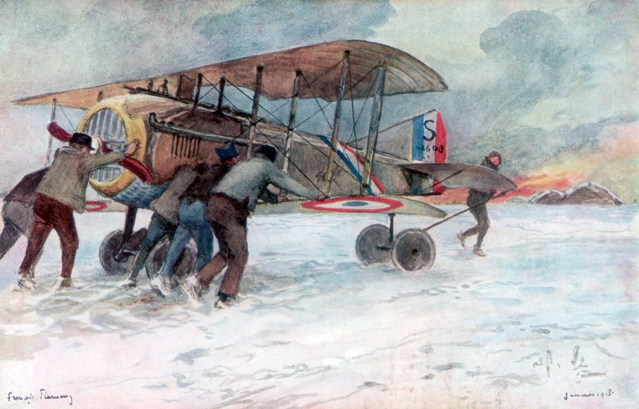 Markpersonal som sköter en fransk spad på ett snötäckt fält, 1918, 1926. av Francois Flameng