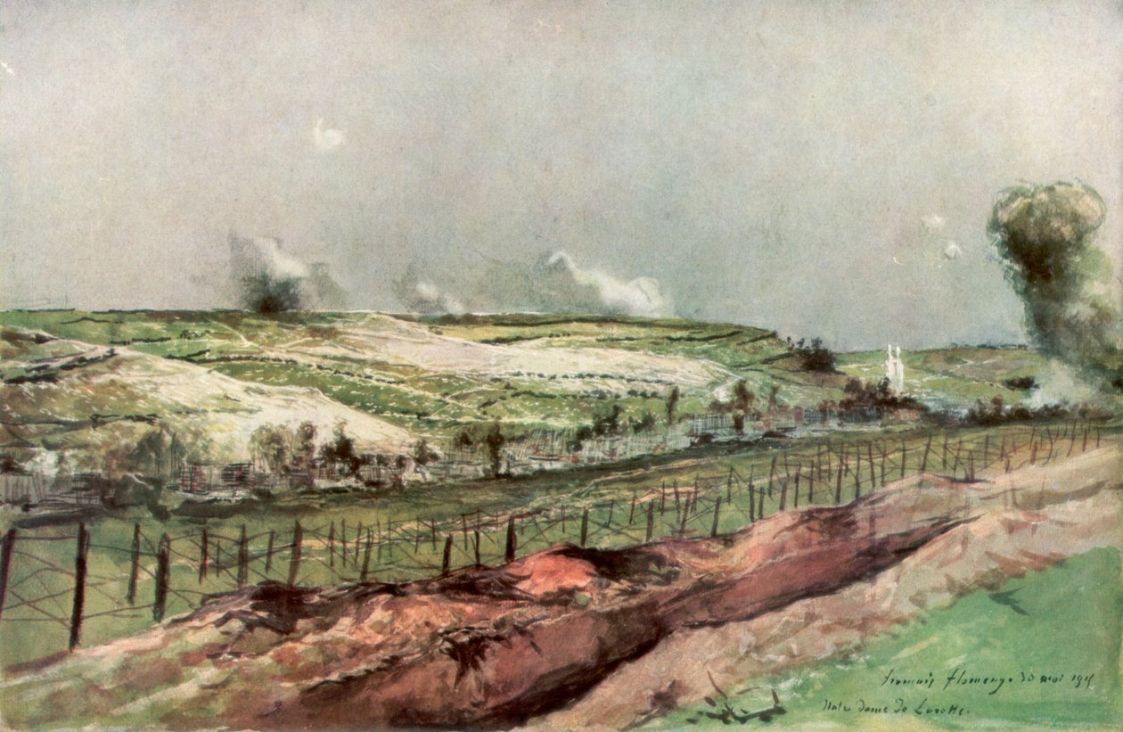 Notre Dame de Lorette och St Nazaire, Ablain, under bombardement, Artois, Frankrike, 1915, 1926. av Francois Flameng