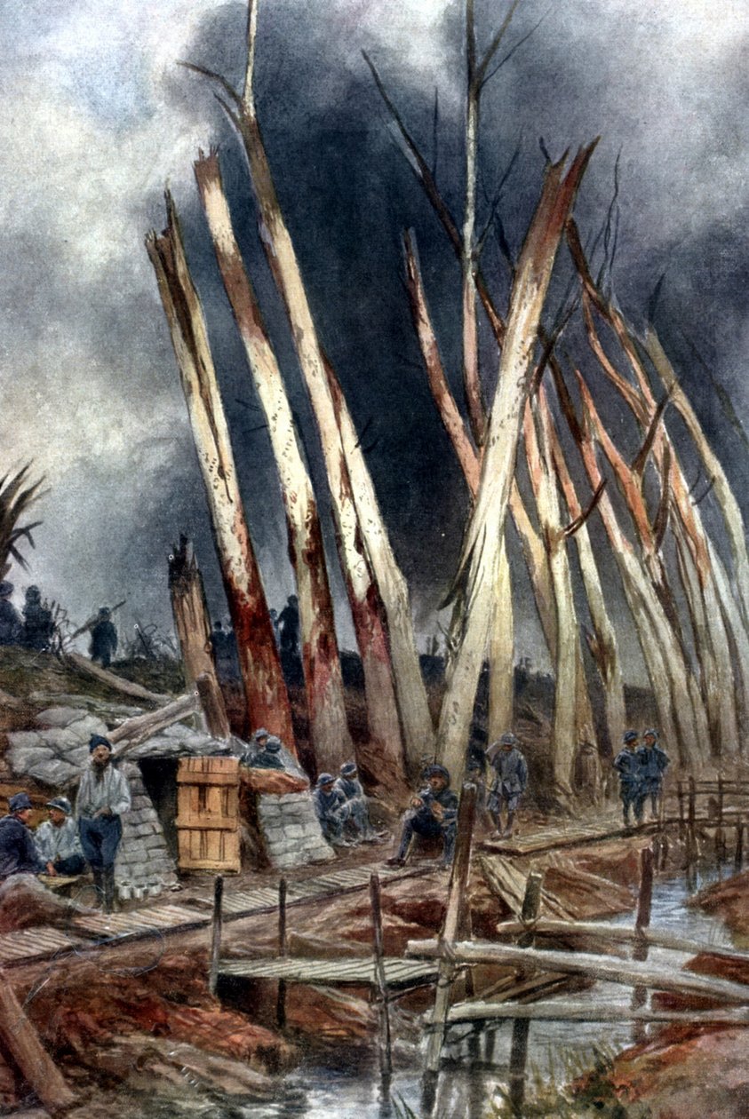 "Offensiven vid Yser (1917)". Franska linjen nära Het-Sas strax före den 31 juli. Soldater väntar på order bland träd som krossats av skottlossning från tidigare strider. Efter målning av Francois Flameng (1856-1923) Fransk. av Francois Flameng