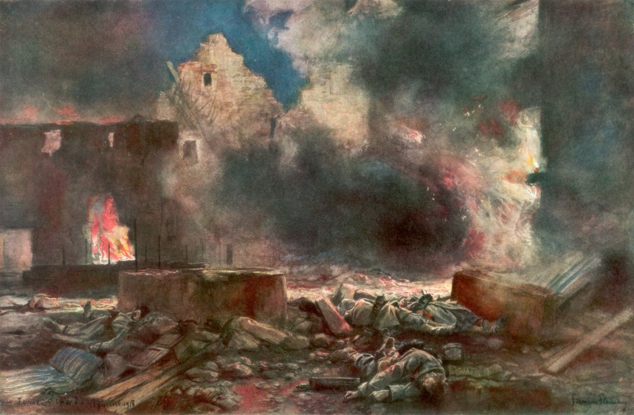 Lessard-gården, mellan Marizy och Neuilly Saint Front, Frankrike, 18 juli 1918, 1926. av Francois Flameng