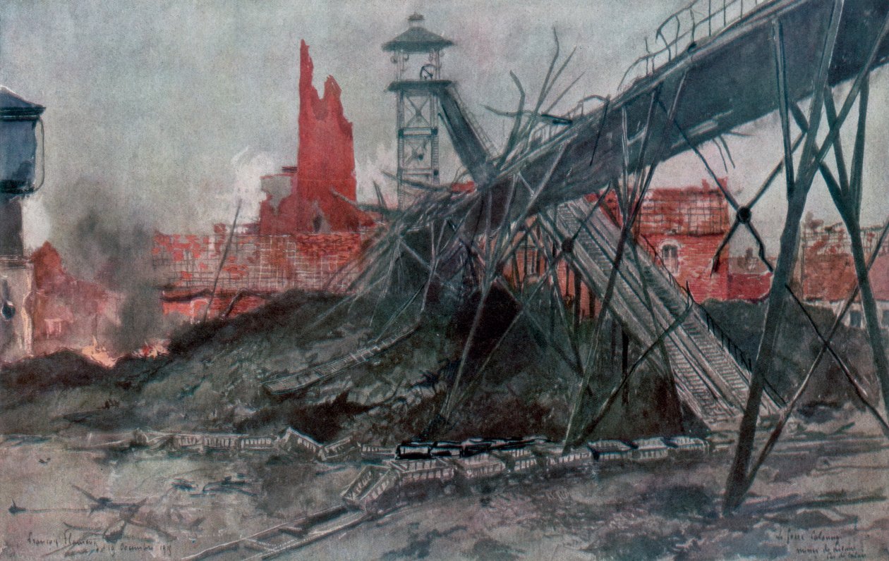 Liévins gruvor: Calonne Pit, Artois, Frankrike, första världskriget, 1915. av Francois Flameng