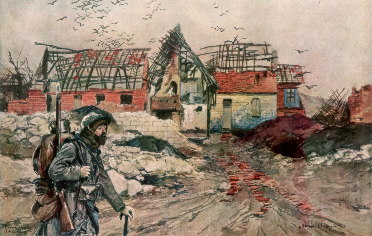 Ruinerna av Ablain-Saint-Nazaire, Artois, Frankrike, 18 december 1915, 1926. av Francois Flameng