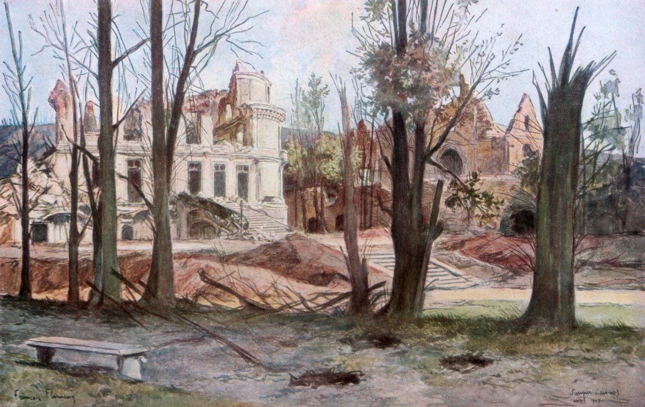 Ruinerna av ett hus, Soupir, första världskriget, april 1917. av Francois Flameng