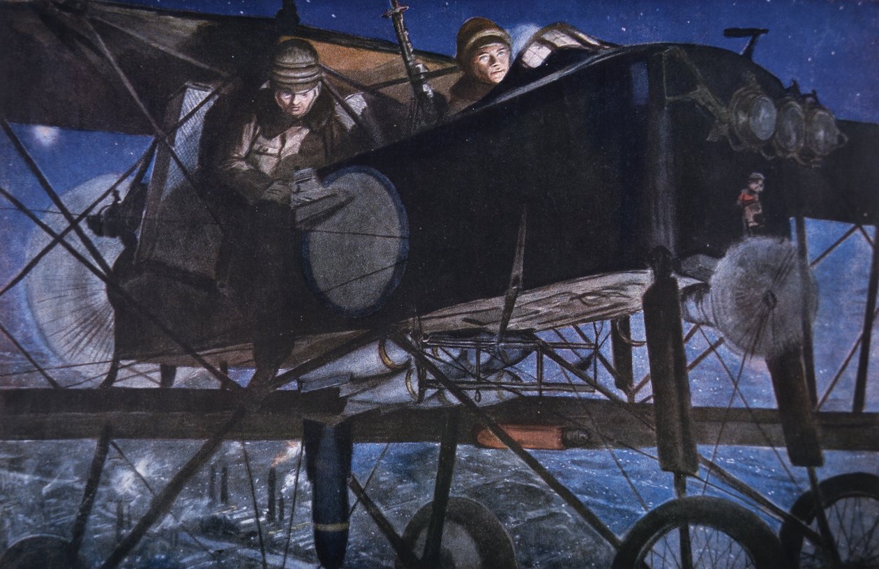 Med den franska flygtjänsten, ett nattbombande av ett Voisin-biplan av Francois Flameng