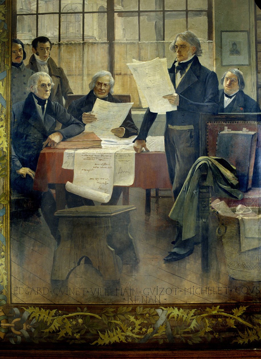 Författare på 1800-talet: Edgar Quinet, Abel François Villemain, François Guizot, Jules Michelet, Victor Cousin, Ernest Renan - monterad duk av François Flameng (1856-1923), Sorbonne University, Paris av Francois Flameng
