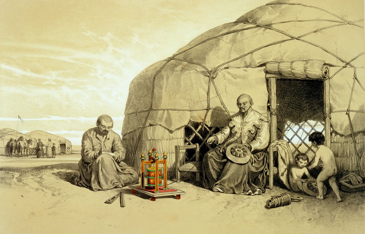 Kalmuks with a Prayer Wheel, Sibirien, illustration från 