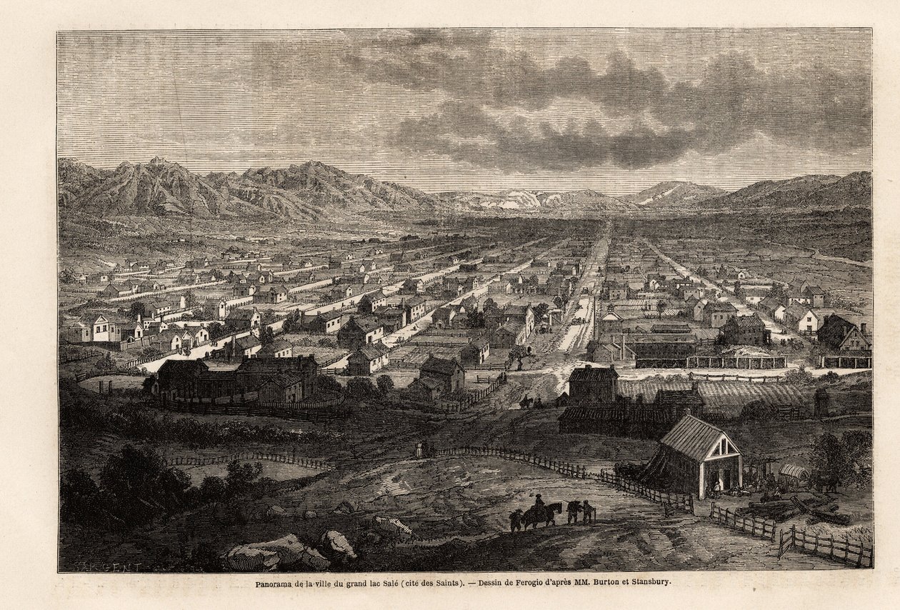 Panorama över staden med den stora smutsiga sjön, med citat av de heliga (Utah), teckning av Ferogio, för att illustrera Richard Burtons resa till staden Saints, huvudstad i mormonernas land, 1860. Gravyr i "" Le tour du monde ””, redigerad av Edouard Char av Francois Fortune Antoine (after) Ferogio