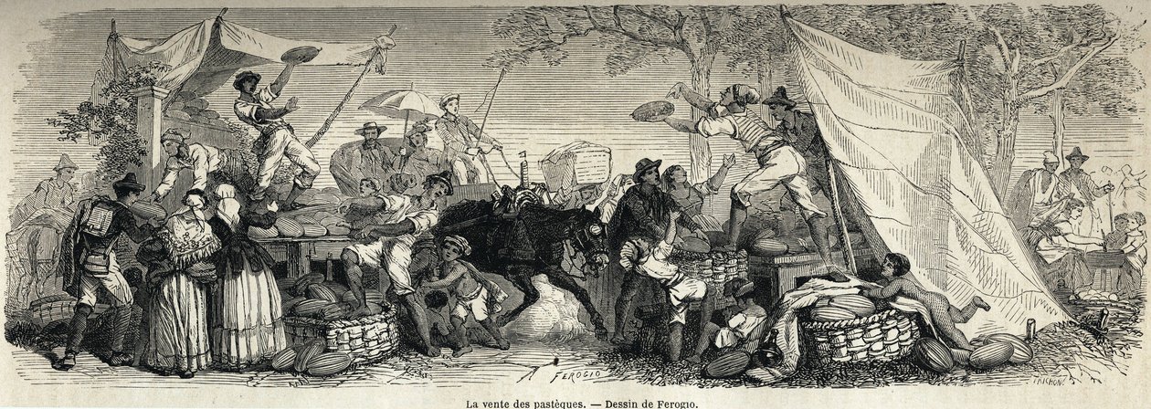 Försäljningen av vattenmeloner, teckning av Ferogio, för att illustrera Neapel och napolitanerna, 1861, av Marc Monnier (1829-1885). Gravyr i ”” Le tour du monde”” 1861. Selvas samling. av Francois Fortune Antoine (after) Ferogio