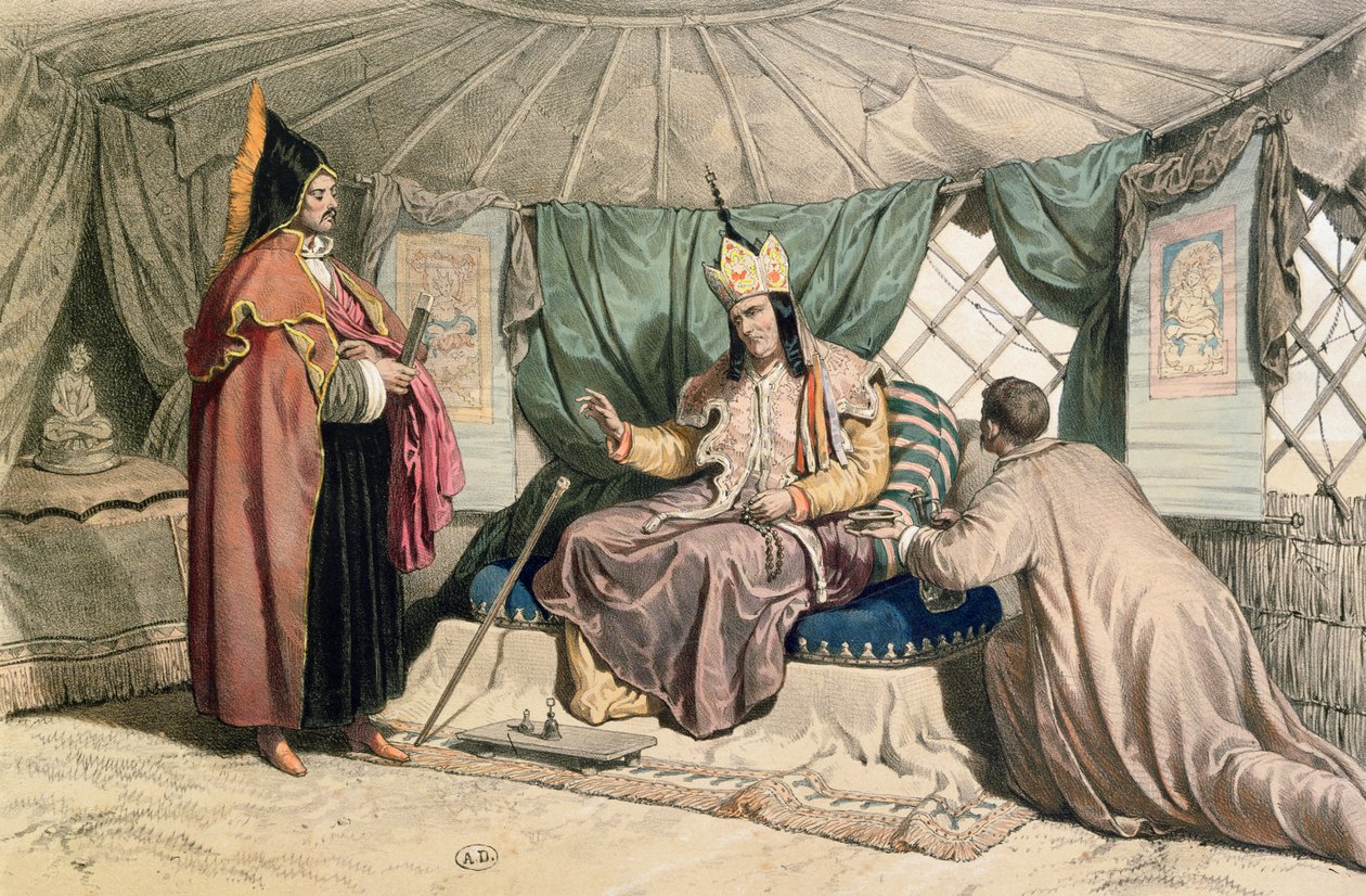 En Kalmuk-överstepräst med sin Ghepi, illustration från "Voyage a la mer Caspienne" av Xavier Hommaire de Hell (1812-48), ca 1850. av Francois Fortune Antoine Ferogio