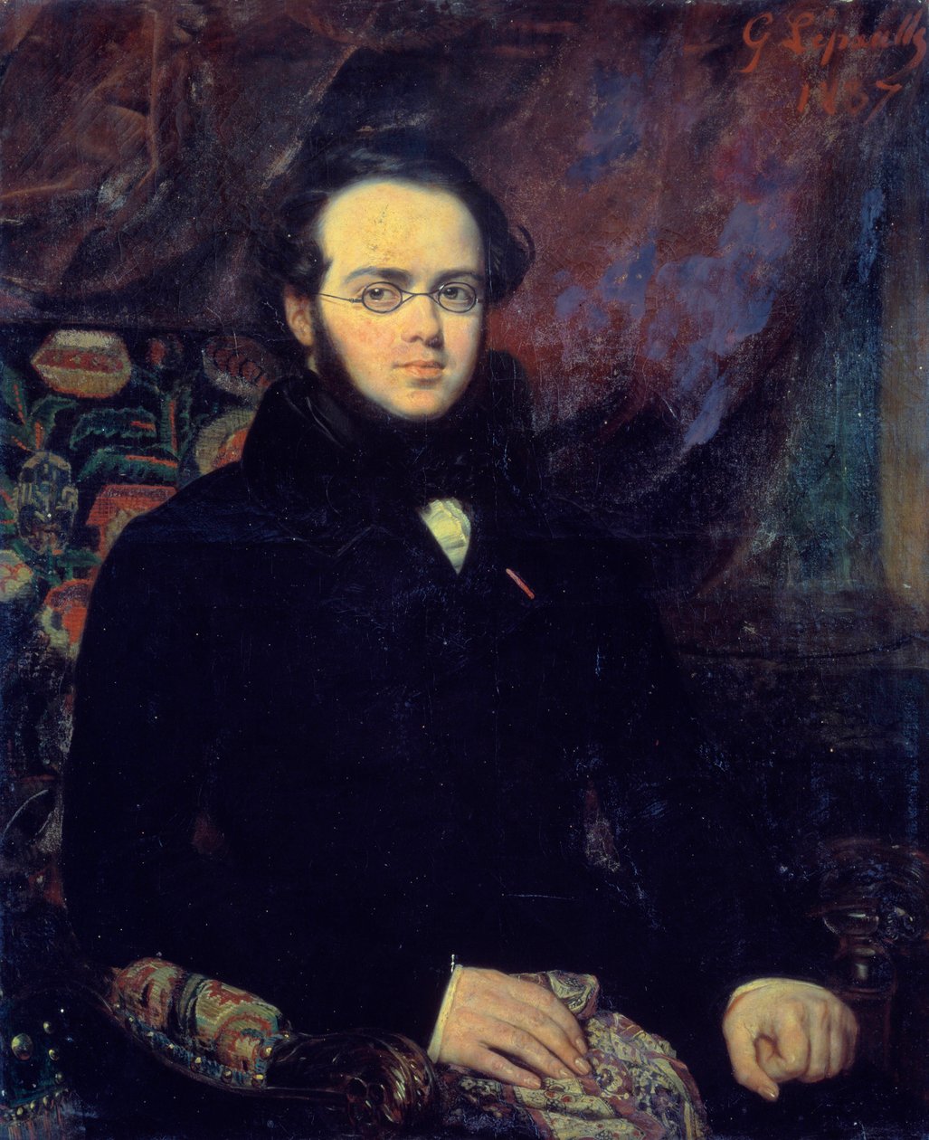 Porträtt av den franske kompositören Jacques Fromental Levy dit Halevy (1799-1862) Han poserar med sina glasögon. Målning av Francois Gabriel Lepaulle (1804-1886) 1837 Paris, Operabiblioteket - Porträtt av den franske kompositören Jacques Fromental Levy so av Francois Gabriel Guillaume Lepaulle
