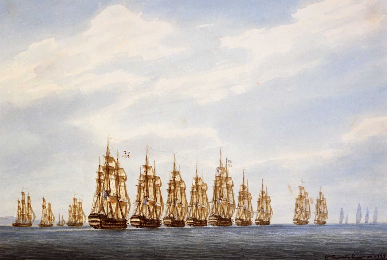 Afgang af eskadron på ni skibe, tre fregatter og tre korvetter, akvarel af Francois Roux (1811-1882), Franceswed av Francois Geoffroy Roux