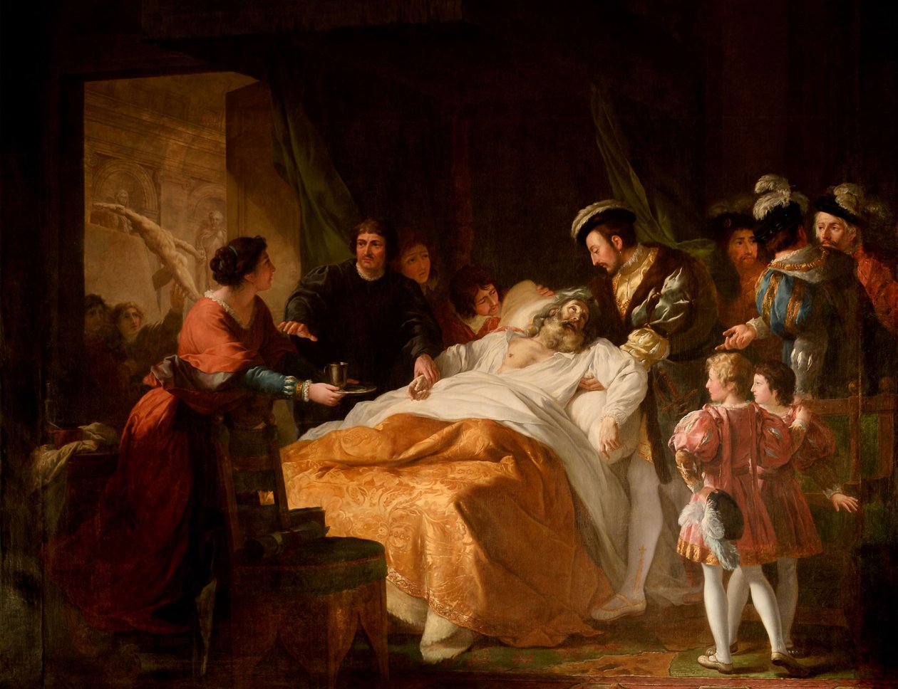 Leonardo da Vincis död i Frans I:s armar, 1781. av Francois Guillaume Menageot