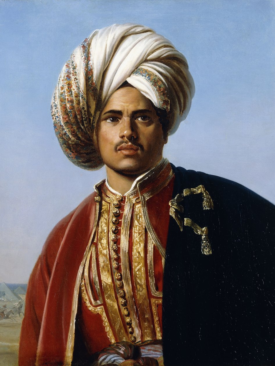 Porträtt av en osmansk prins, halvlängd, i rött och guld, av Francois Henri Alexandre La Fond