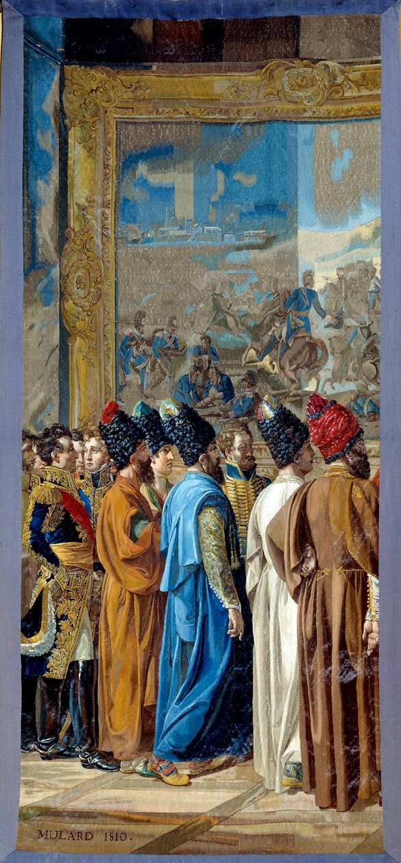 Napoleon I (1769-1821) mottog på slottet Finkenstein i Polen, ambassadören för Shahen av Persien Georges Outrey, Frankrikes vicekonsul i Bagdad, presenterar Mohammed Mirza Reza. Gobeläng tillverkad av gobelinernas verkstad av Francois Henri Mulard av Francois Henri Mulard