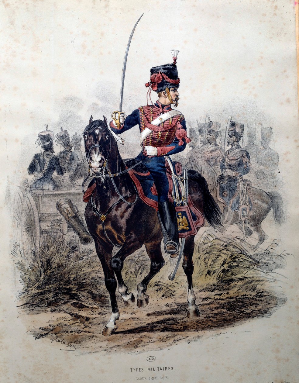 Soldat från det kejserliga gardet till häst. Litografi av Francois Lalaisse (1812-1884) 1860 Paris, dekorativ konst av Francois Hippolyte Lalaisse