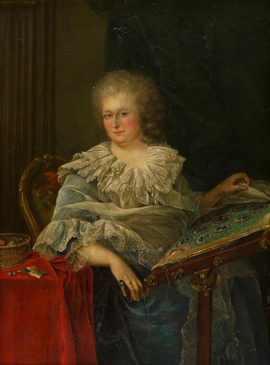 Porträtt av viscountess Torrington sittande vid hennes broderi, ca 1747-75 (olja på panel) av Francois Hubert (follower of) Drouais