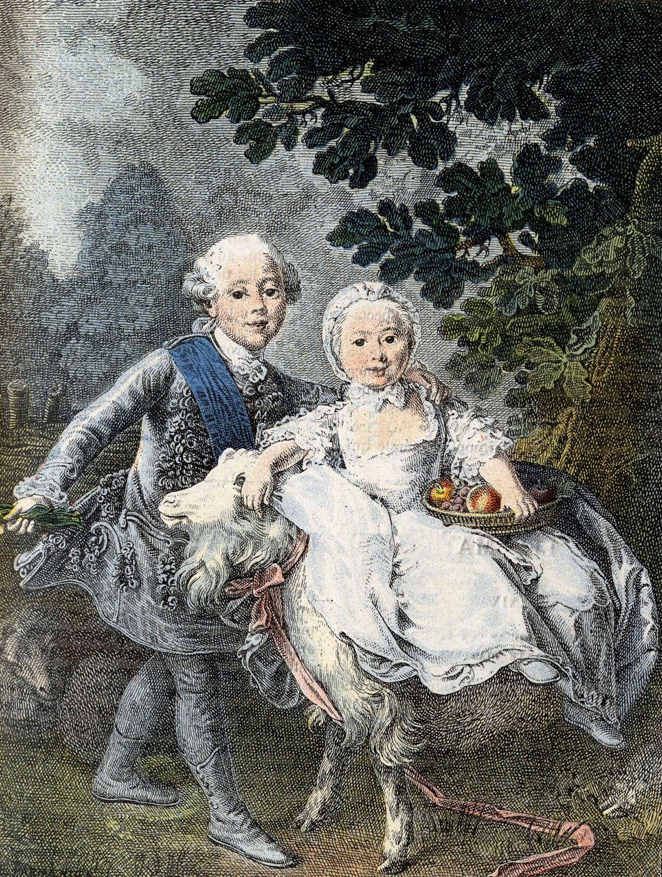 Greven av Artois barn (blivande kung Karl X) (1757-1836) och hans syster Marie Clotilde Xavière (blivande drottning av Sardinien) (1759-1802) - representerade 1764. Gravyr 1800-talet efter målningen av François Hubert Drouais. av Francois Hubert (manner of) Drouais
