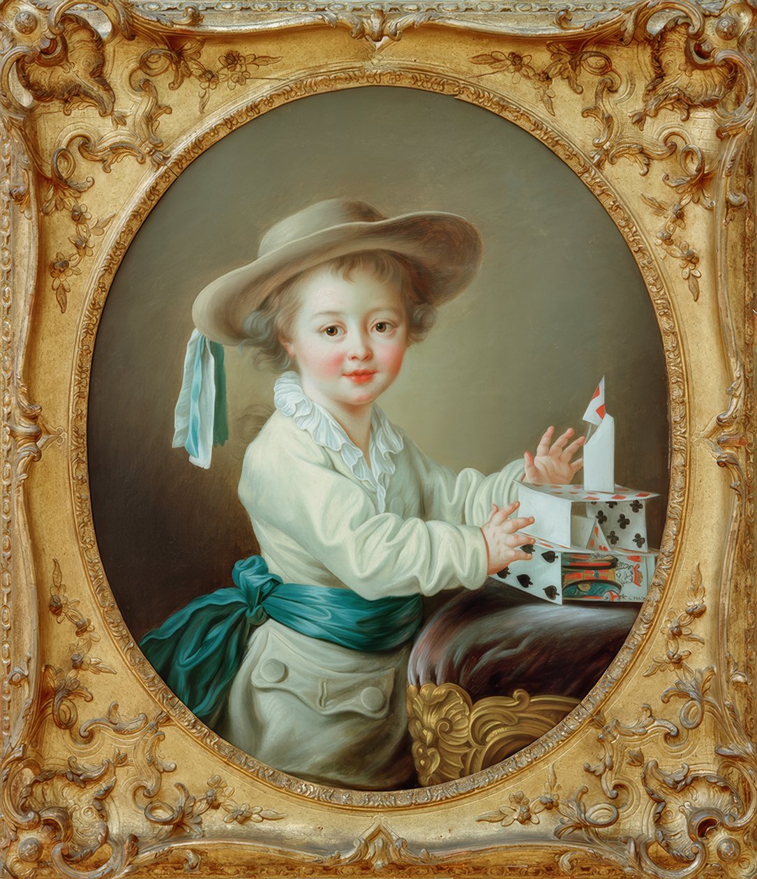 Liten pojke som bygger ett korthus av Francois Hubert Drouais
