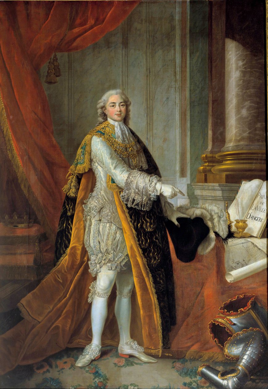 Porträtt vid foten av Louis Stanislas Xavier av Frankrike (framtida Ludvig XVIII), greve av Provence (1755-1824) i stor klädsel av den Helige Andes Orden (Den Helige Andes Orden) och presenterar privilegierna för staden Angers” ”””” Målning av Francois av Francois Hubert Drouais