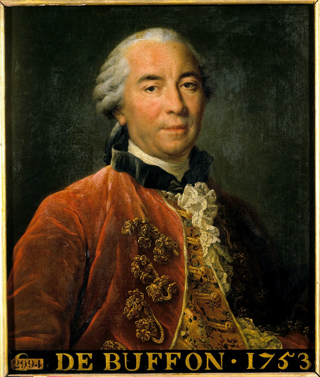 Porträtt av Georges Louis Leclerc, greve av Buffon, föreståndare för de kungliga trädgårdarna, naturforskare och författare (1707-1788). Målning efter originalet av Francois Hubert Drouais (1727-1775). Dim 0,63 x 0,52. Versailles. Slottsmuseet av Francois Hubert Drouais