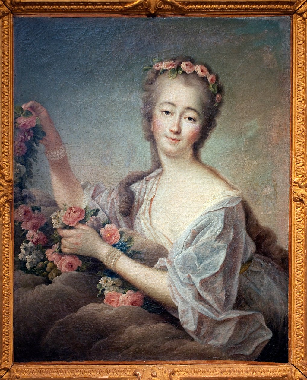 Porträtt av Madame du Barry en Flore (Jeanne Becu, grevinna (eller madame) av Barry (1743-1793) - Målning av Francois Hubert Drouais (1727-1775), olja på duk av Francois Hubert Drouais