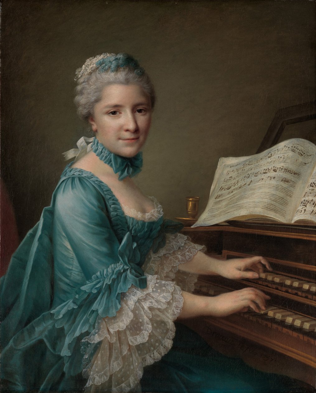 Porträtt av en kvinna, sägs vara Madame Charles Simon Favart, 1757 av Francois Hubert Drouais