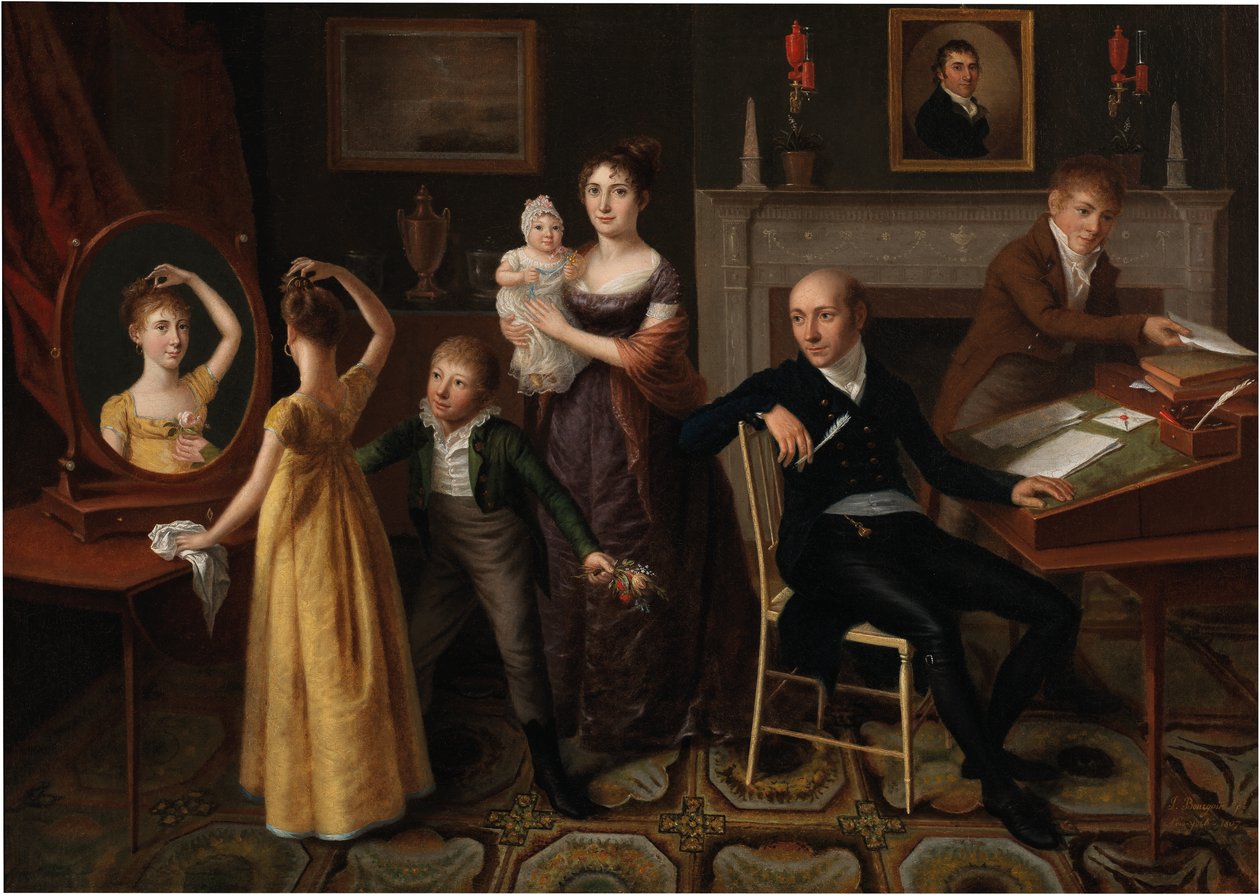 Familjegrupp i en inredning i New York av Francois Joseph Bourgoin