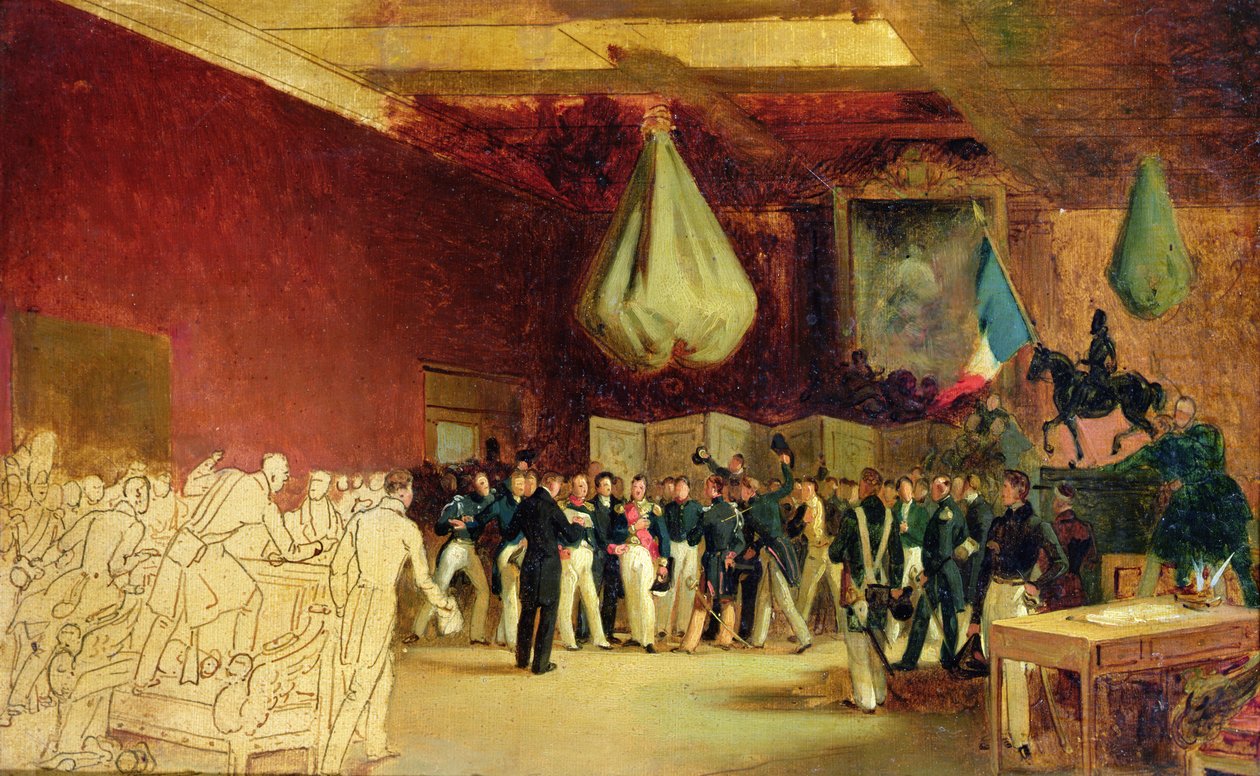 Deputeradekammaren överlämnar till hertigen av Orleans, Louis Philippe I (1773-1850), handlingen som kallar honom till tronen och stadgan från 1830, på det kungliga palatset, 7 augusti 1830 av François Joseph Heim