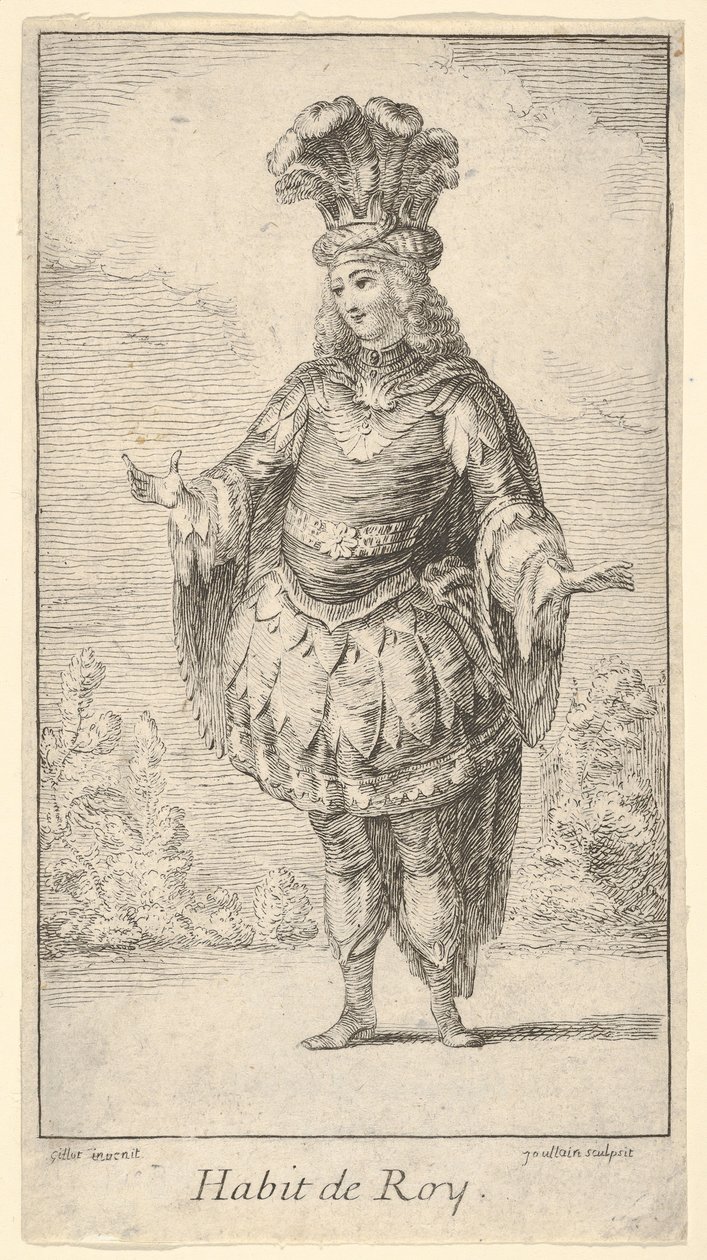 Habit de Roy: en man som bär en tonnelett dekorerad med rosetter, en krona och en turban med..., ca. 1721. av Francois Joullain