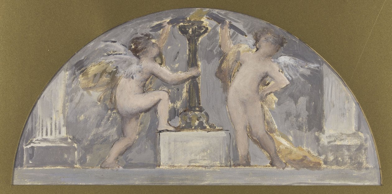 Skiss för Hôtel de Villes matsal, två älskande som håller varsin fackla nära en tänd fackla, ca 1893 (olja) av Francois Lafon