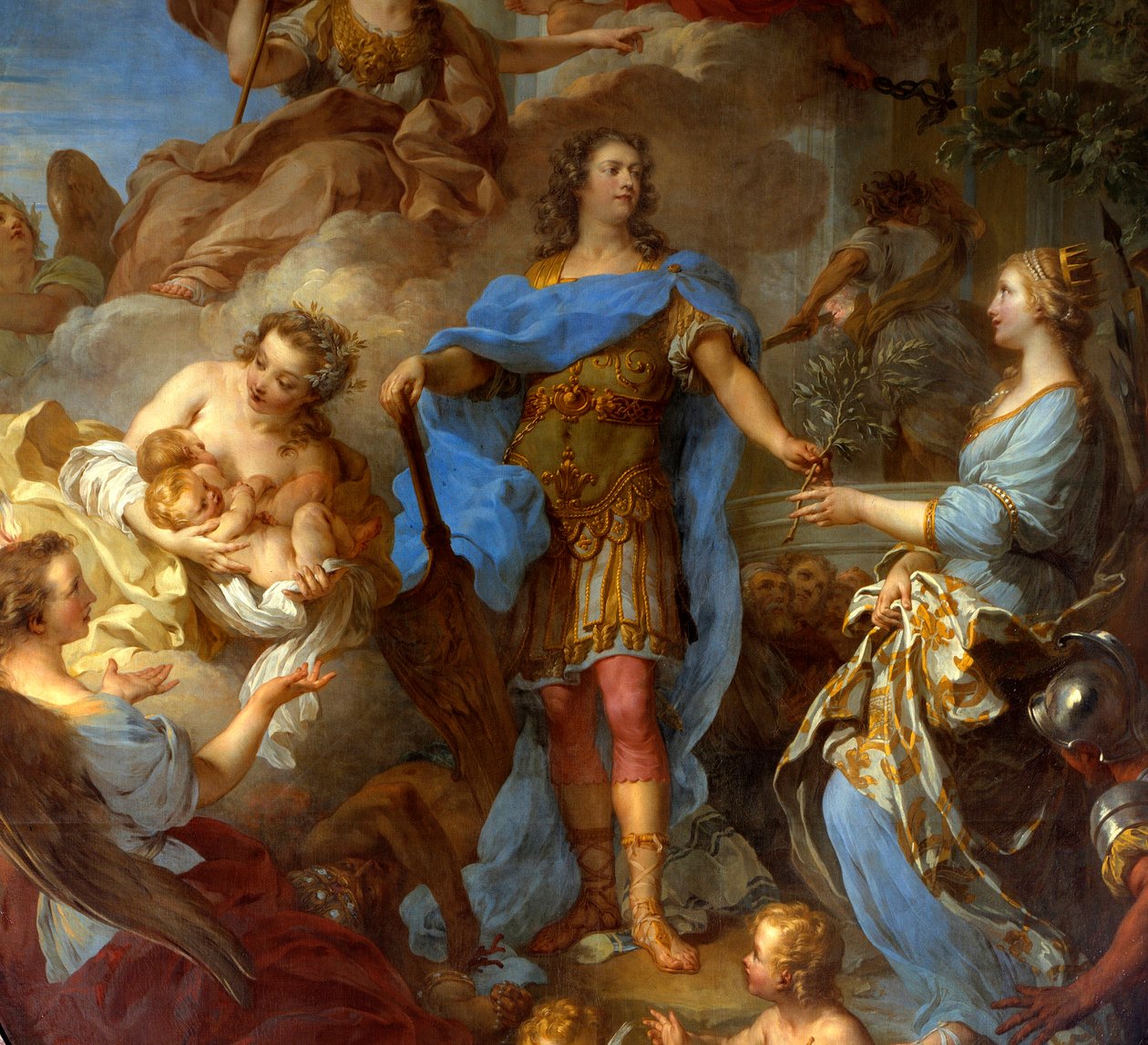 Detalj av "" kung Ludvig XV (1710-1774) som ger fred åt Europa"" Allegori vid tiden för Sevillafördraget, gudinnan Minerva är representerad. Målning av Francois le Moyne (1688-1737) 1729 sön. 3,82x2,95 m - Detalj av kung Ludvig XV (1710-1774) bringin av François Lemoyne