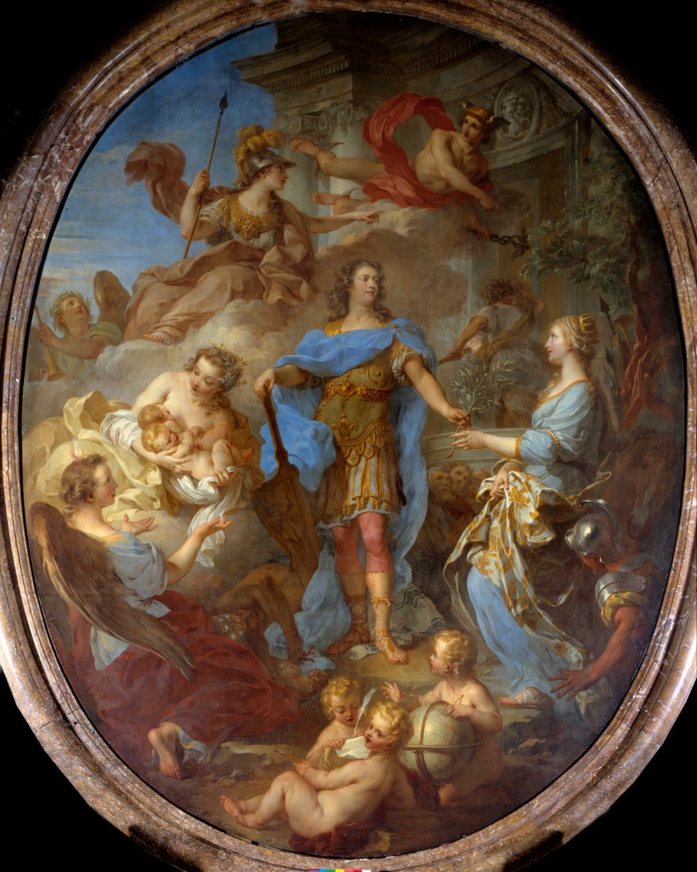 Kung Ludvig XV (1710-1774) ger fred åt Europa Allegorie vid tiden för Sevillafördraget, gudinnan Minerva är representerad. Målning av Francois le Moyne (1688-1737) 1729 sön. 3,82x2,95 m . av François Lemoyne