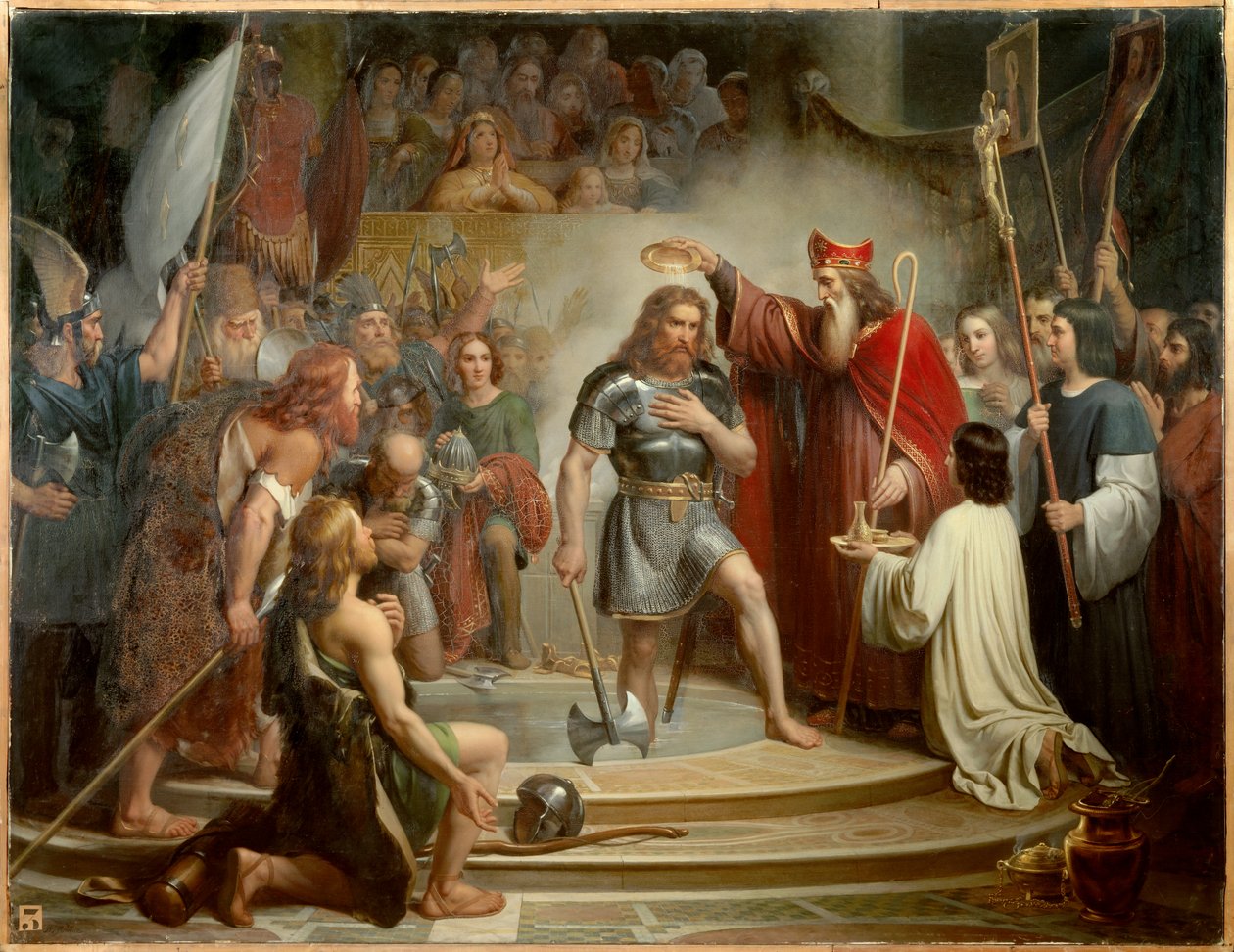 Clovis dop i Reims den 25 december 496. Målning av Francois Louis Dejuinne (1786-1844) av Francois Louis Dejuinne