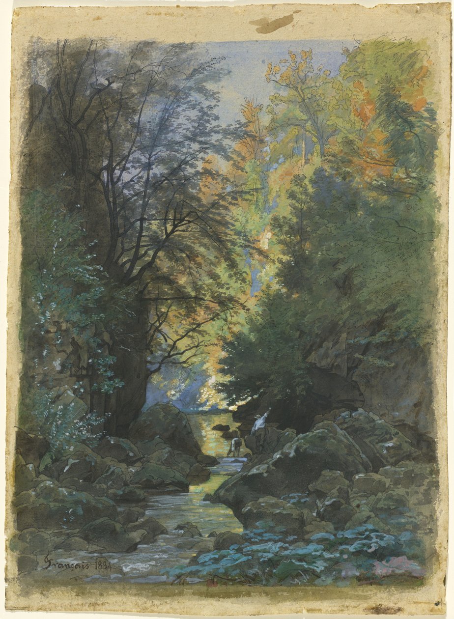 En ström genom en tät skog av Francois Louis Francais