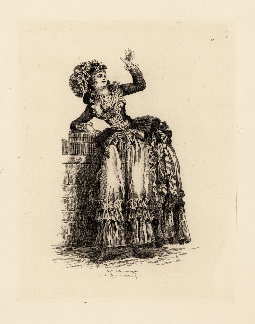 Fashionabla kvinna i huva a la Nicolet, era av Marie Antoinette (etsning) av Francois Louis Joseph (after) Watteau