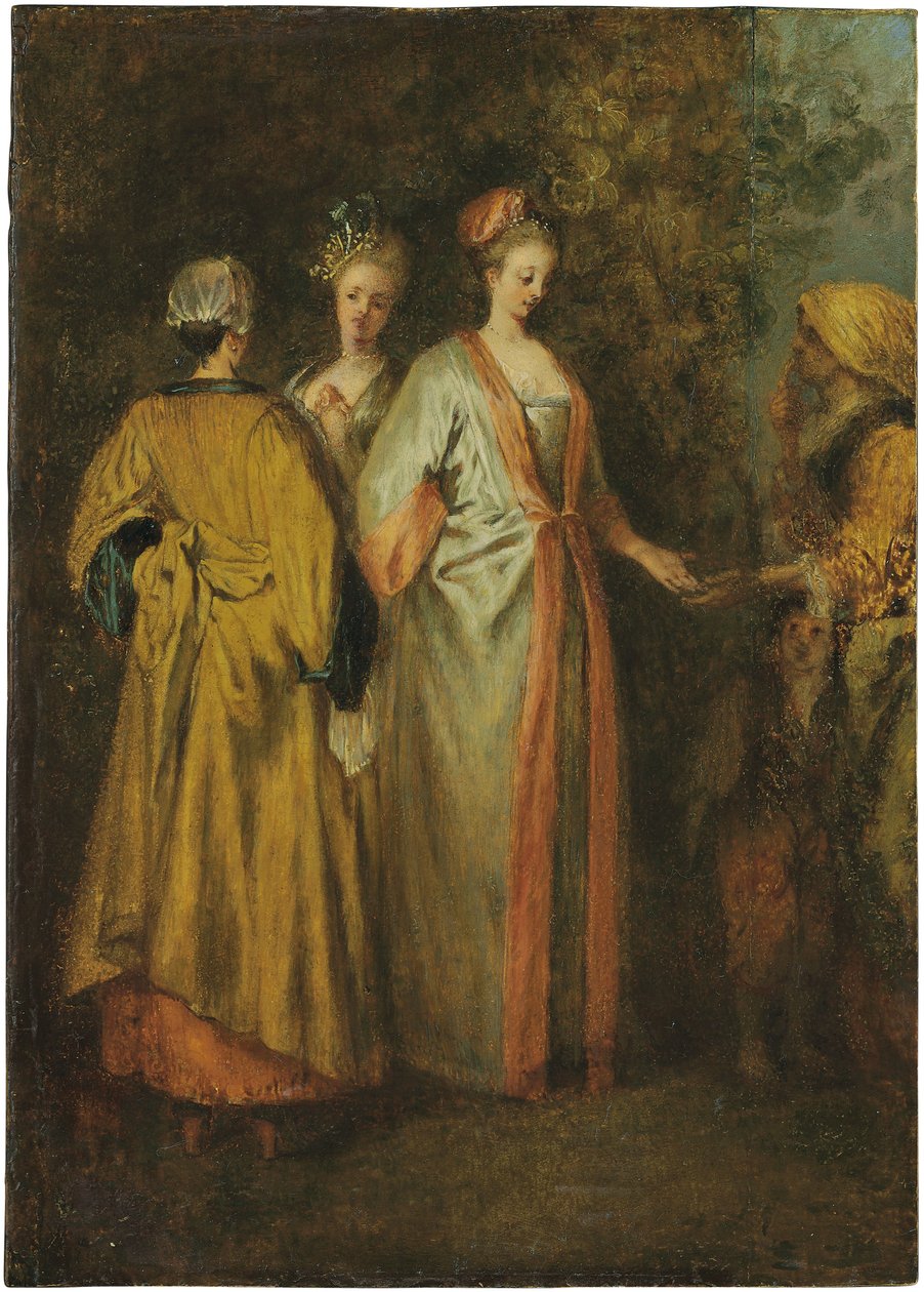 The Fortune Teller (olja på pannå) av Francois Louis Joseph (attr. to) Watteau